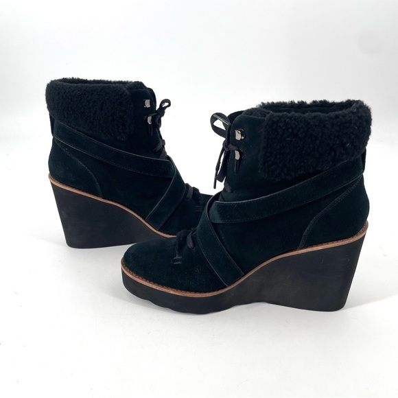 COACH Kenna Shearling Suede Black Buckle Leather Wedge Ankle Platform Boot - Picture 3 of 8
